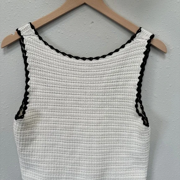 Cotton On Knit Crop Top Women Large Cream Black Scalloped Trim Coastal Summer - Picture 3 of 15